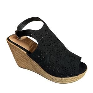 Refresh Women's Laser-Cut Slingback Espadrilles Wedge Sandals Size 8 Black NWOT